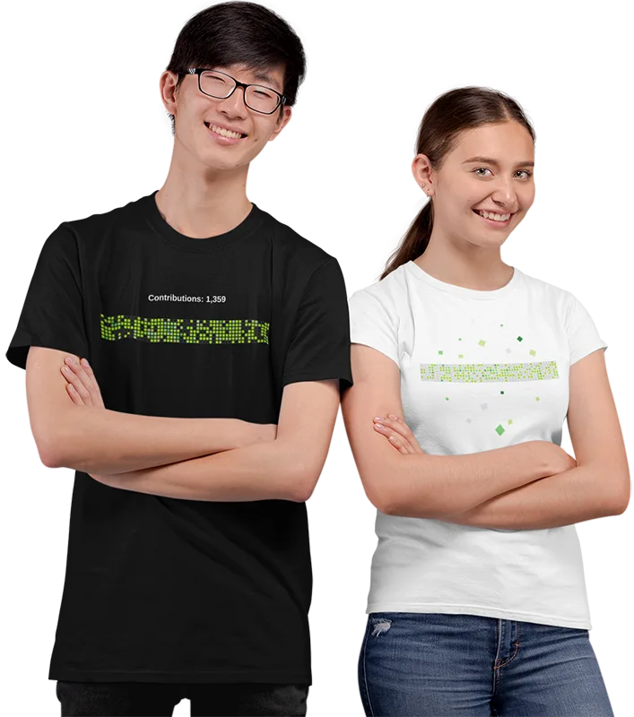 Two developers wearing T-shirts with their GitHub contribution graphs